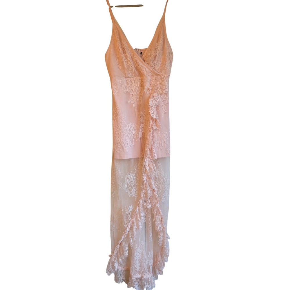 Delicate Pink Lace Mini Dress with Sheer Ruffle Skirt
